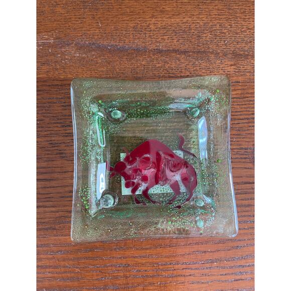 Opalo Vidrio Reposado Al Fuego Green Fused Art Glass Trinket Dish Bull Taurus 4" - Picture 6 of 10